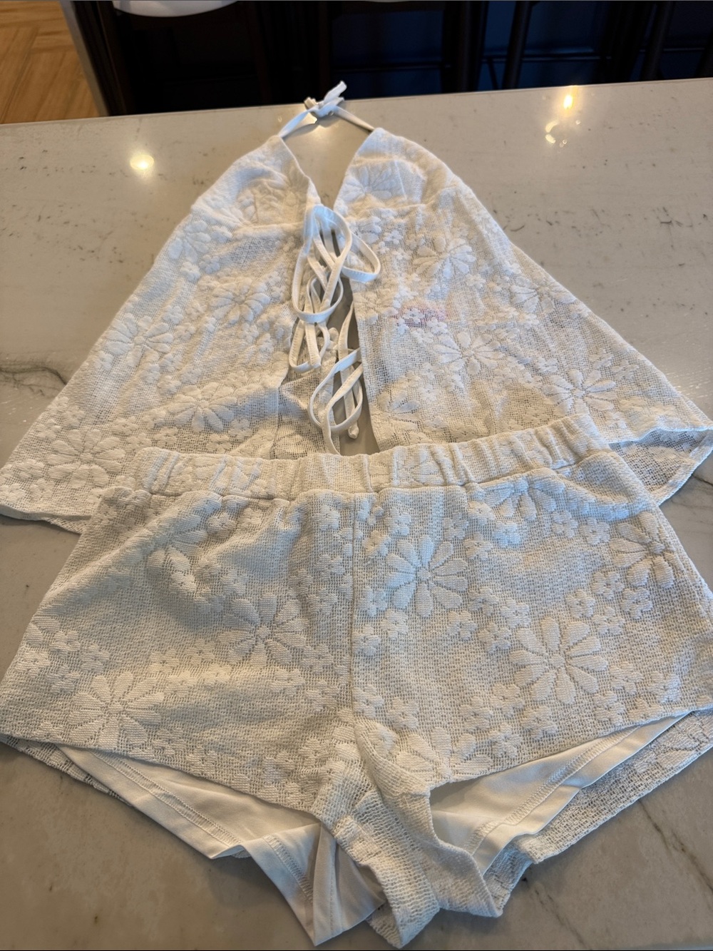Edikted White Floral Crochet Halter Top and Shorts Set